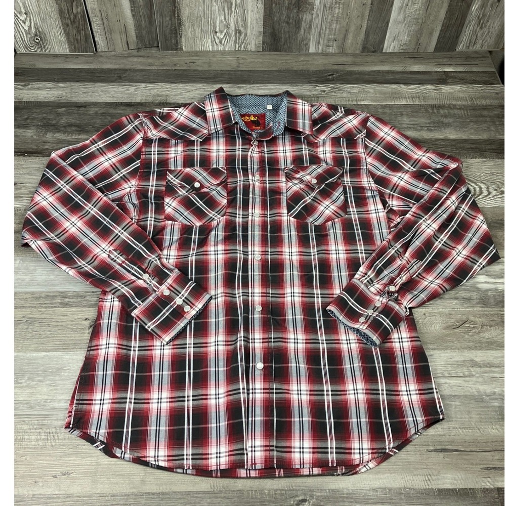 Rodeo Clothing Co Mens XL Red Black Plaid Long Sleeve Western Pearl Snap Shirt